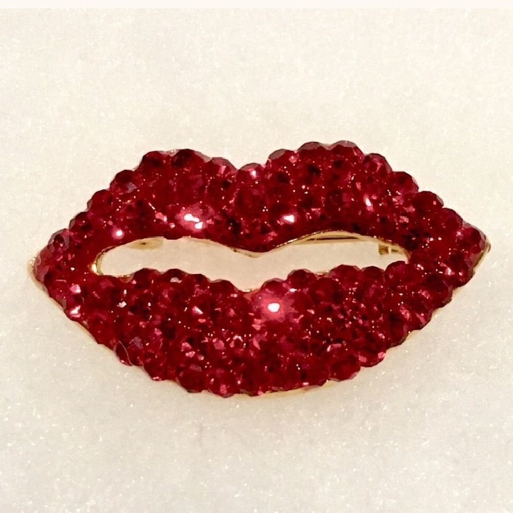 Vintage OTC Red Lips Pin 1960’s - Red Rhinestone and Gold Pin